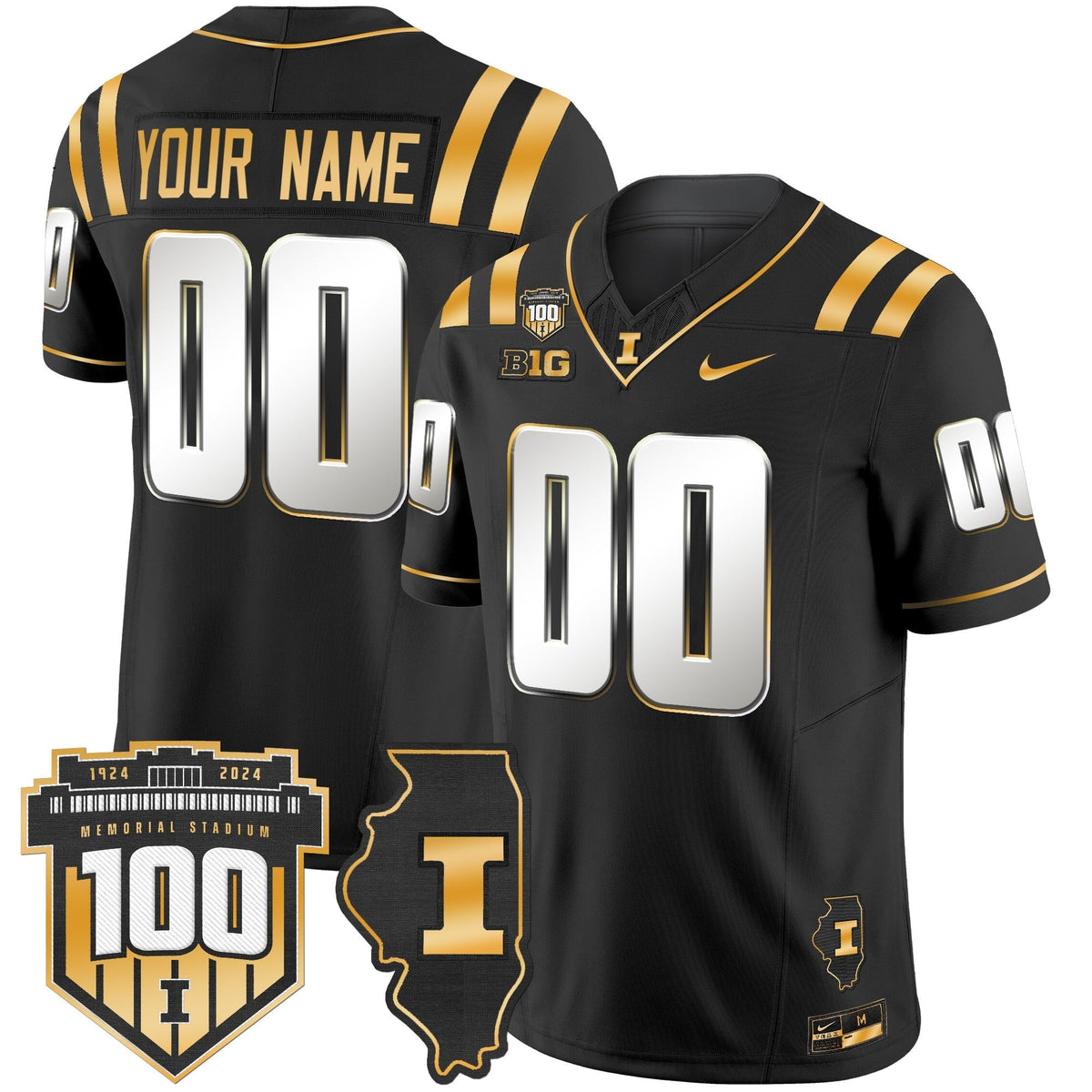 ILL 100th Memorial Stadium Patch Gold Vapor Limited Custom Jersey - All Stitched