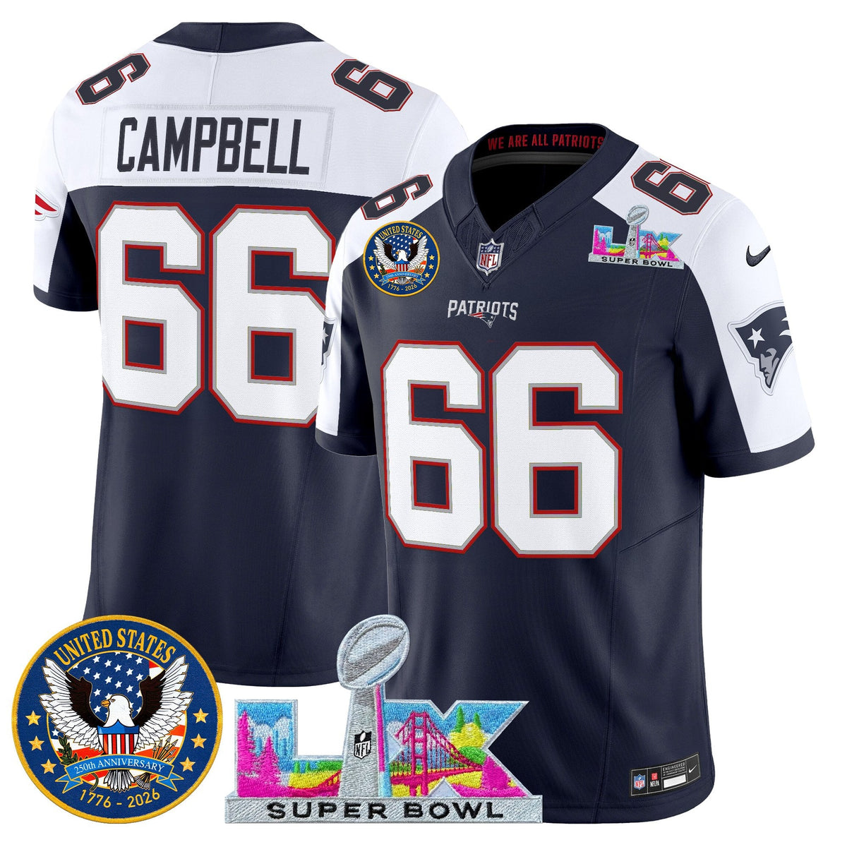 Men's New England Patriots "Super Bowl LX & United States 250th Patch" Vapor Limited Jersey - All Stitched
