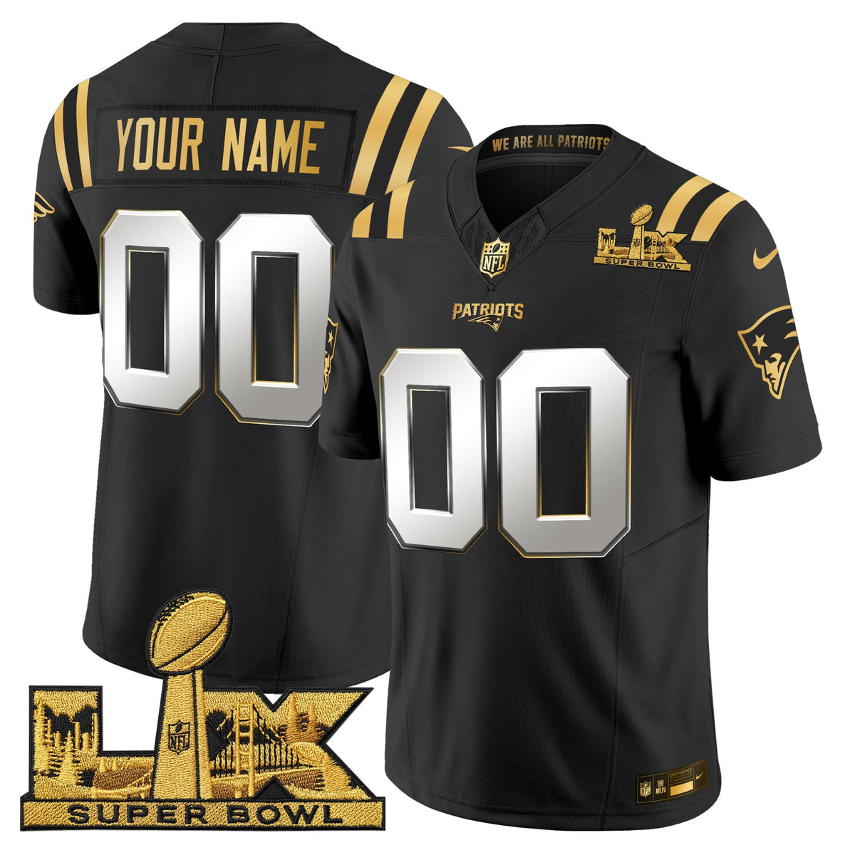 New England Patriots Super Bowl LX Gold Vapor Limited Custom Jersey - All Stitched