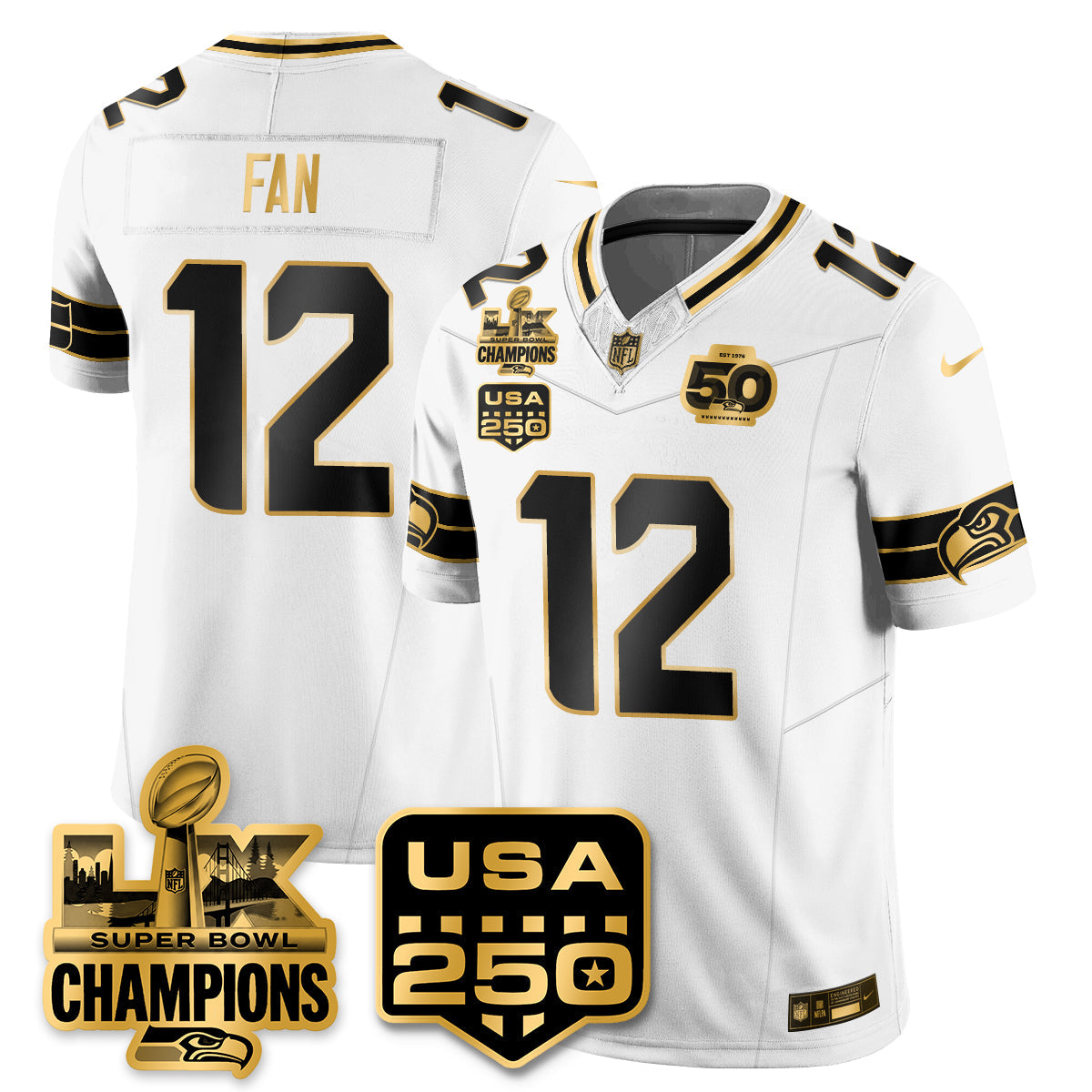 SEA Super Bowl LX - 50th Anniversary Patch Gold Vapor Limited Jersey N19 - All Stitched