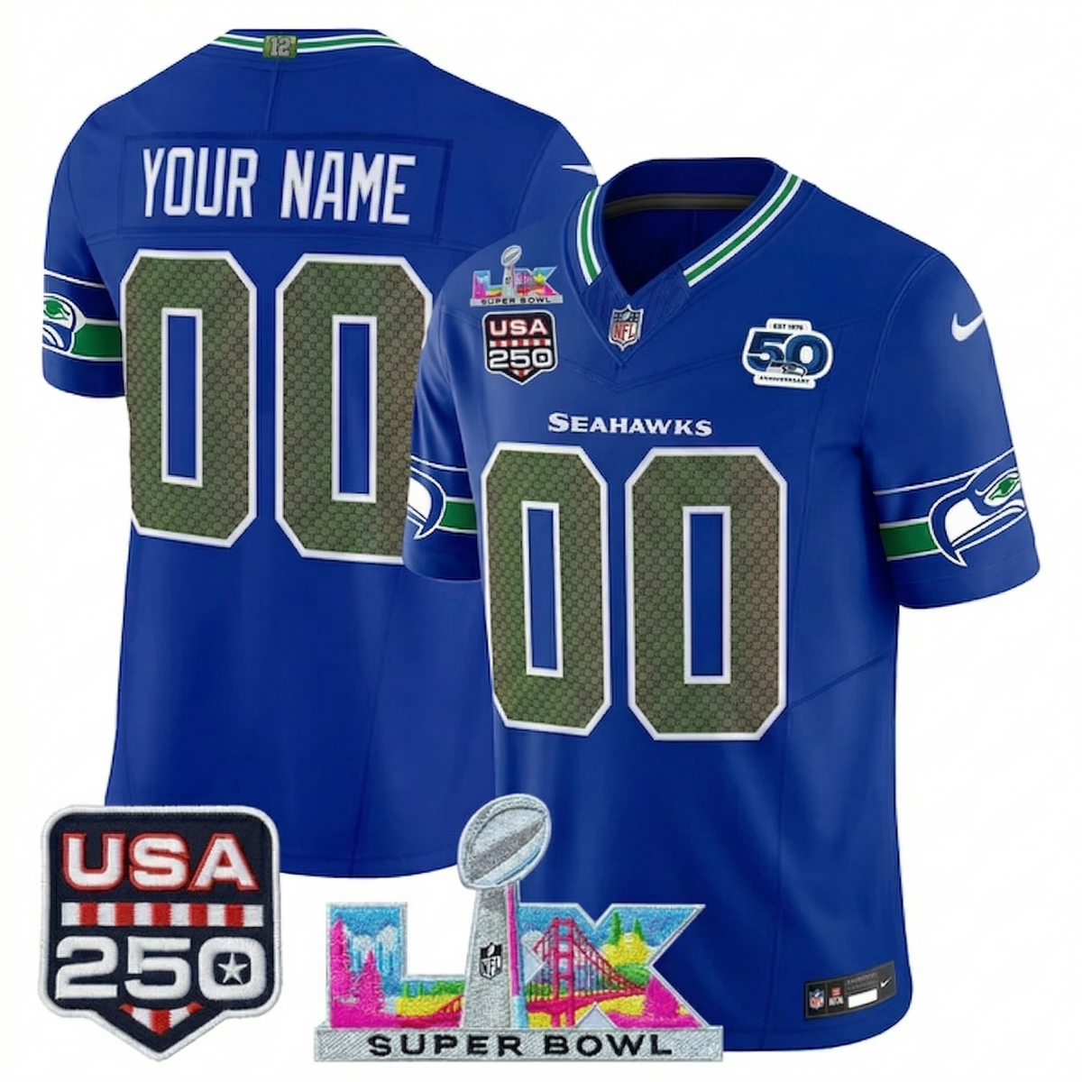 SEA "Super Bowl LX & United States 250th Anniversary Patch" Vapor Limited Custom Jersey - All Stitched