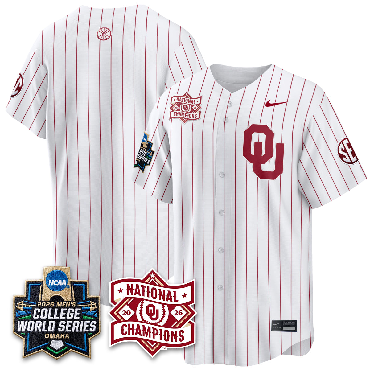 OU Nike 2026 NCAA Baseball Men's College World Series Champions Vapor Jersey - Stitched