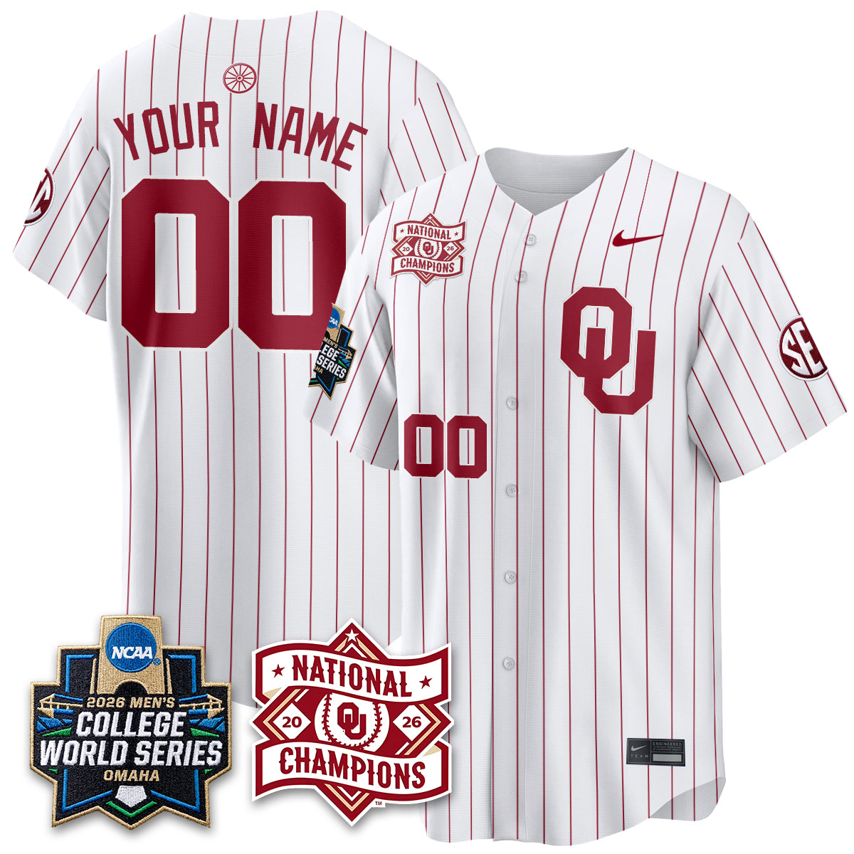 OU Nike 2026 NCAA Baseball Men's College World Series Champions Vapor Custom Jersey - Stitched