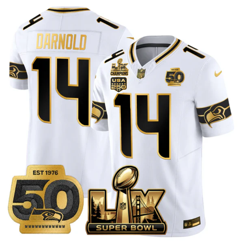 SEA Super Bowl LX - 50th Anniversary Patch Gold Vapor Limited Jersey N6 - All Stitched
