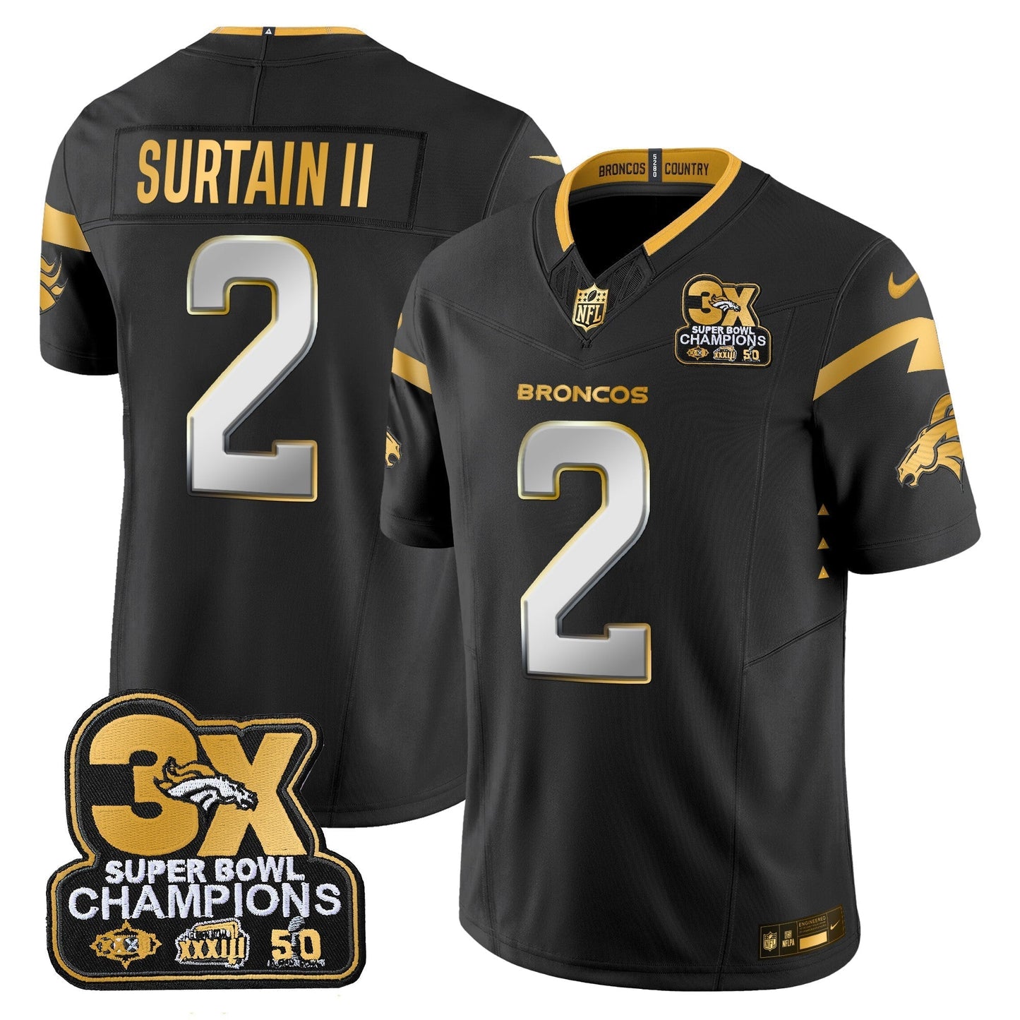DEN 3-Time Champions Patch Gold Vapor Limited Jersey - All Stitched