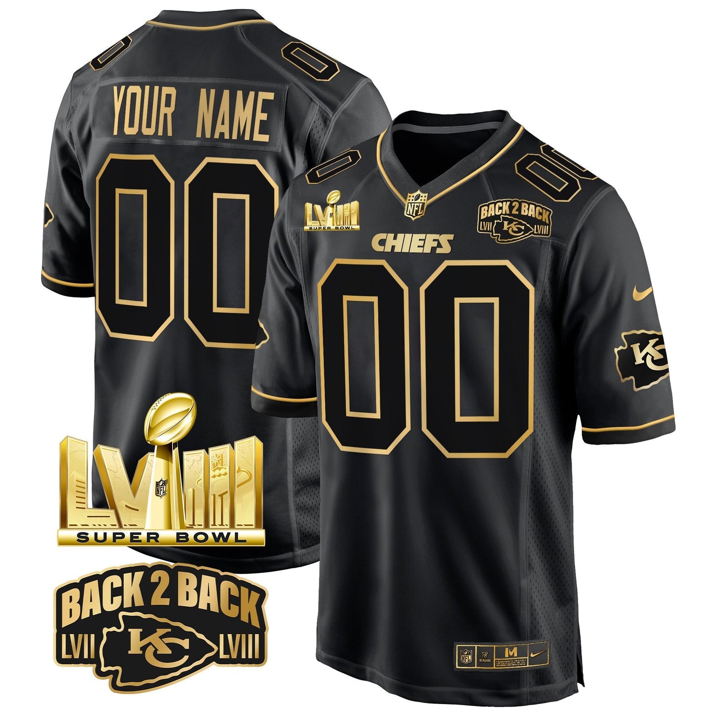 Chiefs Super Bowl LVIII & Back 2 Back Gold Game Custom Jersey - All Stitched