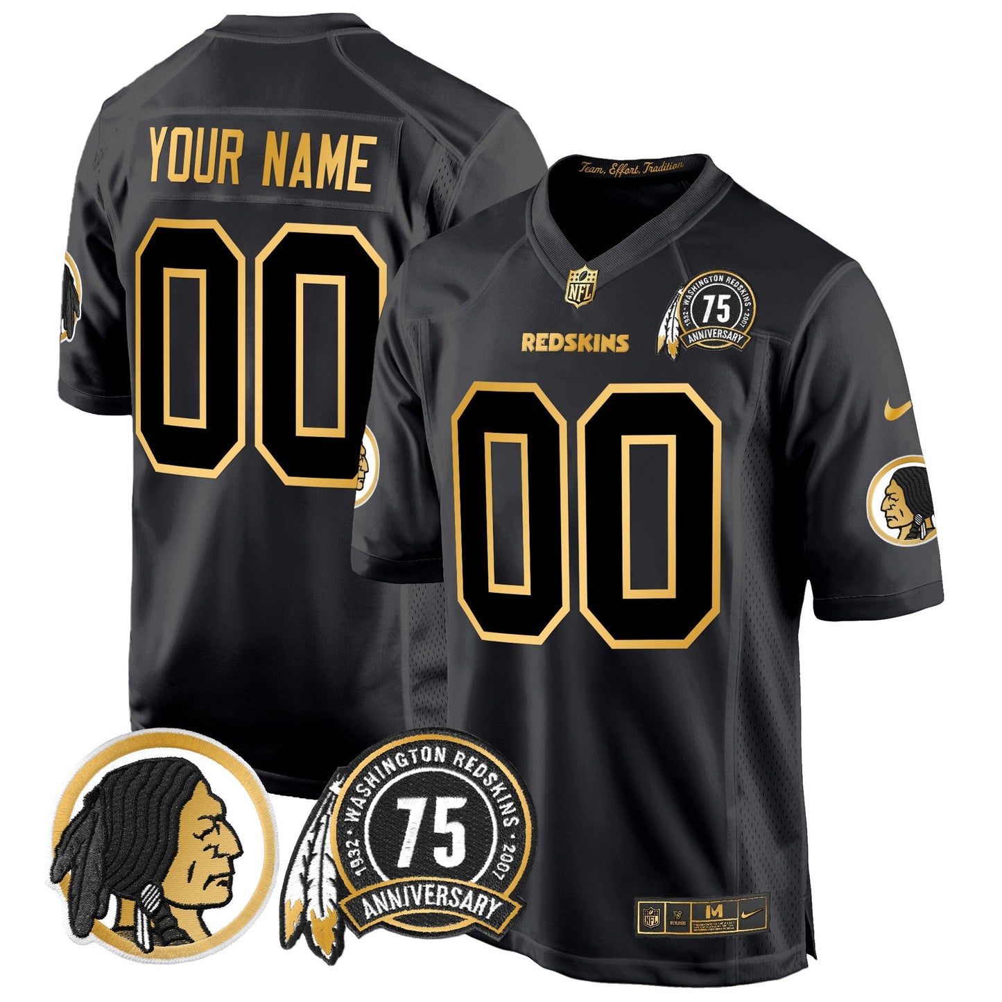 Washington Redskins 75th Patch Throwback Gold Game Custom Jersey - All Stitched
