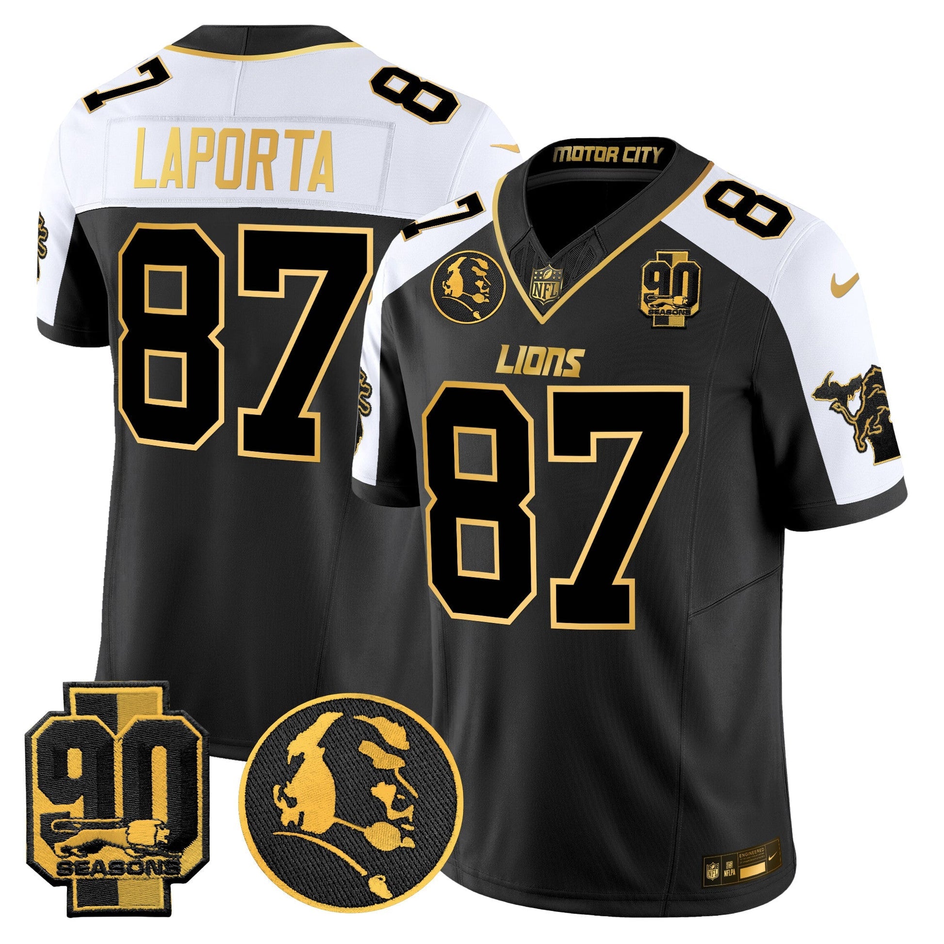 Men's Detroit Lions 2024 90th & John Madden Patch Gold Vapor Limited Jersey - All Stitched