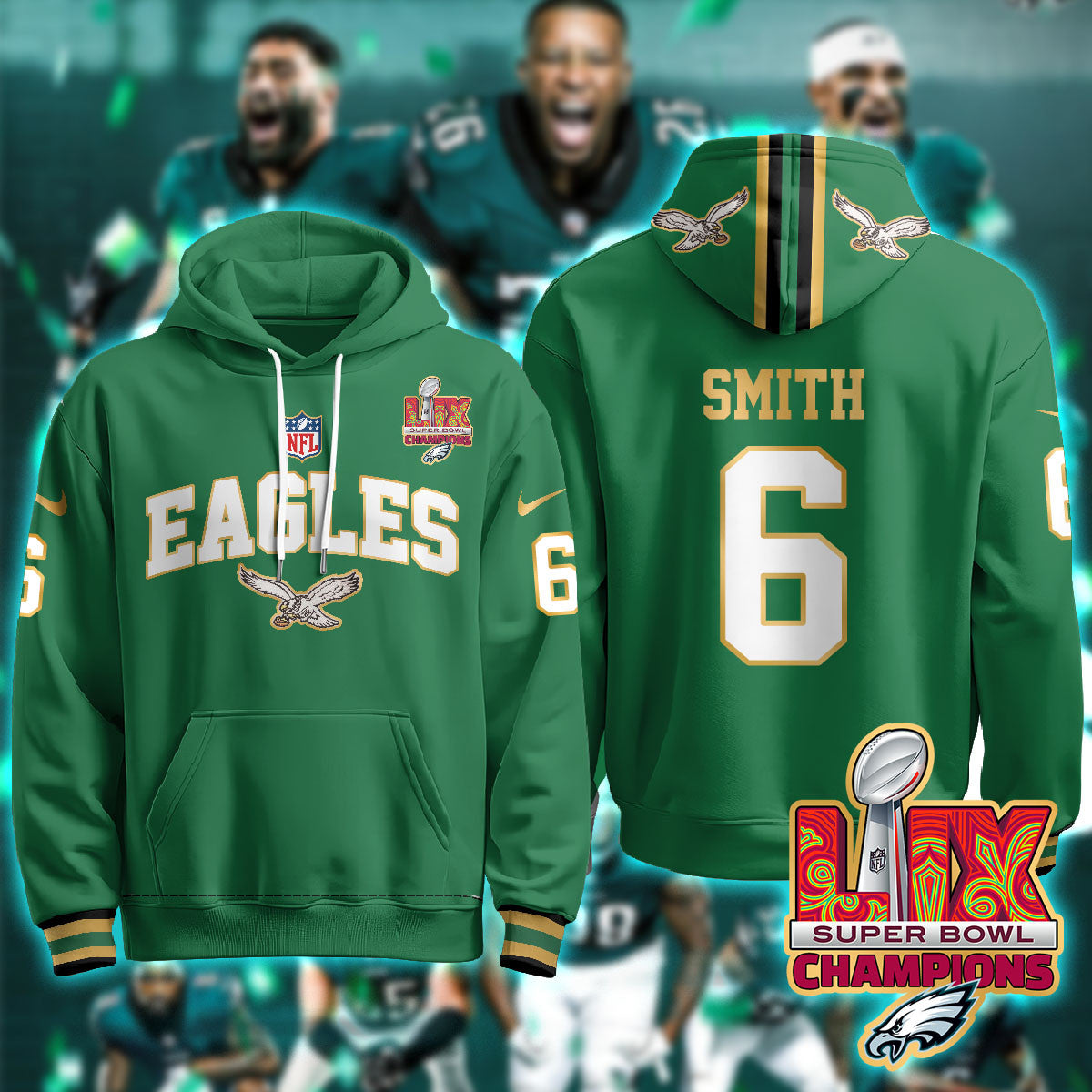PHI Super Bowl LIX Champions Gold Hoodie N2R - All Stitched