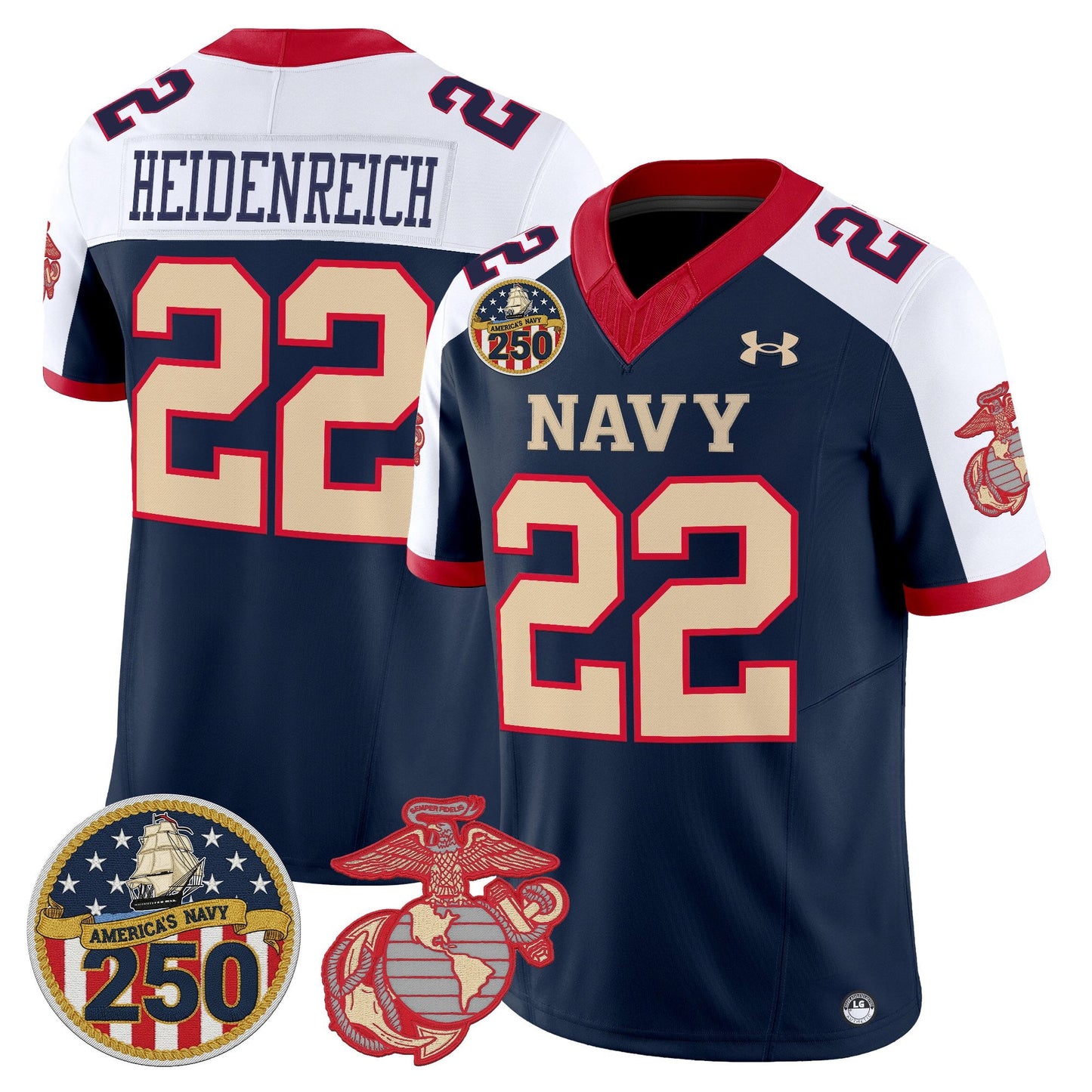 Men's Navy Midshipmen Vapor USMC Premier Jersey - 250th Anniversary Patch - All Stitched