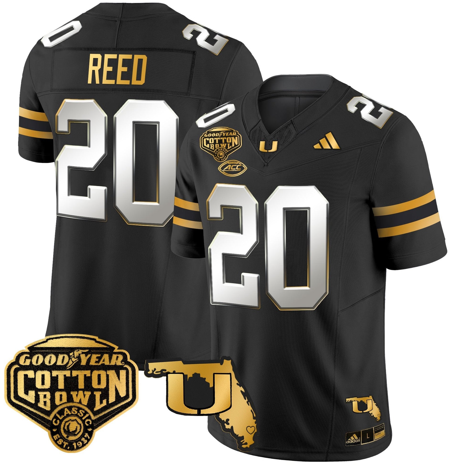 Men's Miami Hurricanes 2025/26 Cotton Bowl & Florida Patch Gold Vapor Limited Jersey - All Stitched