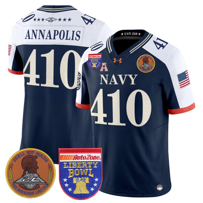Men's Navy Midshipmen 250th Anniversary Vapor Limited Jersey - 2026 Liberty Bowl Patch - Stitched