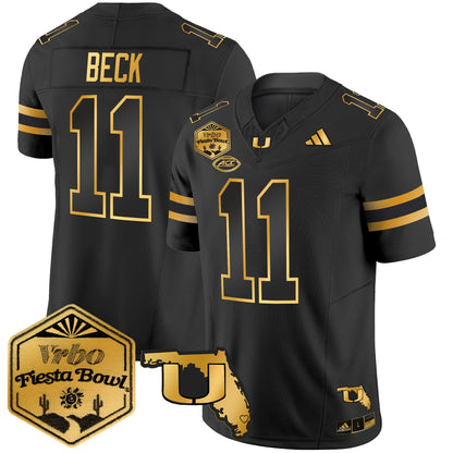 Men's Miami Hurricanes 2026 The Fiesta Bowl & Florida Patch Gold Vapor Limited Jersey - All Stitched