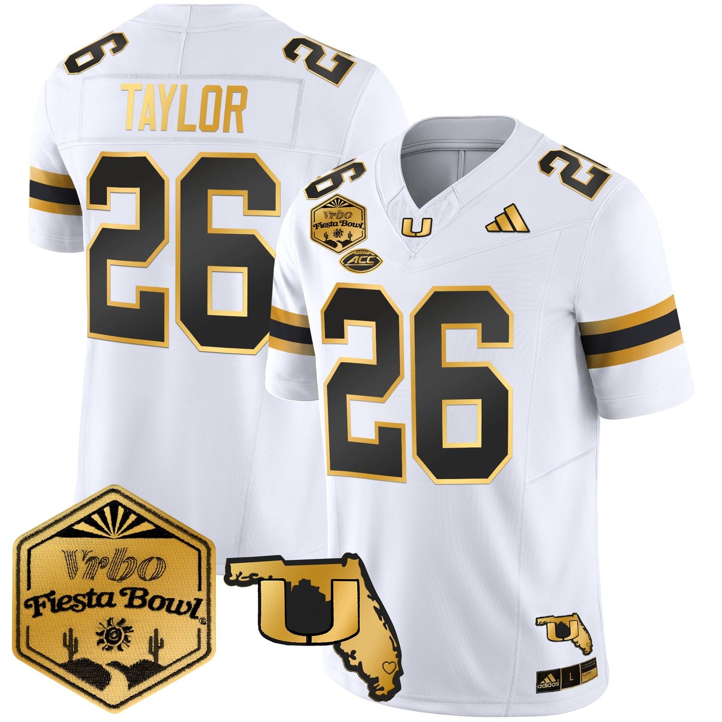 Men's Miami Hurricanes 2026 The Fiesta Bowl & Florida Patch Gold Vapor Limited Jersey - All Stitched