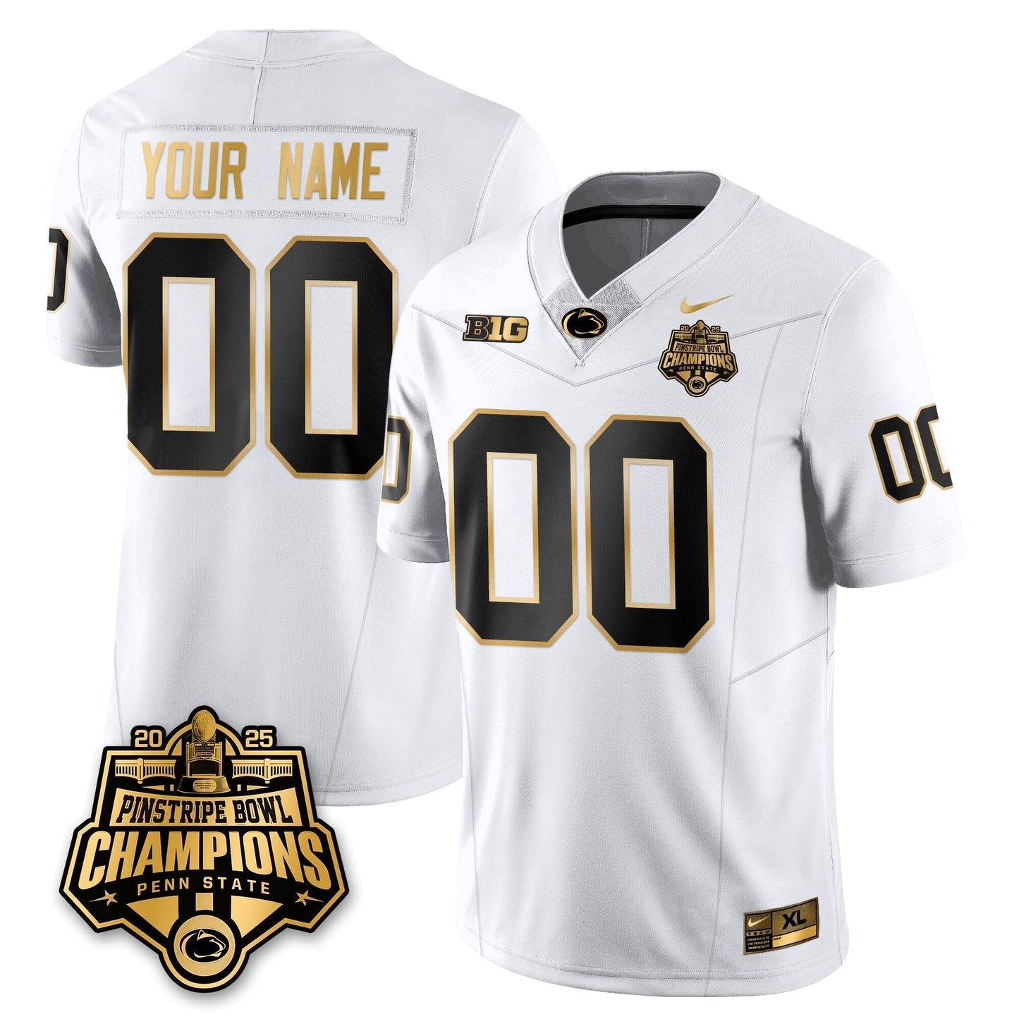Custom PSU Football 2025 Pinstripe Bowl Champions Gold Jersey - All Stitched