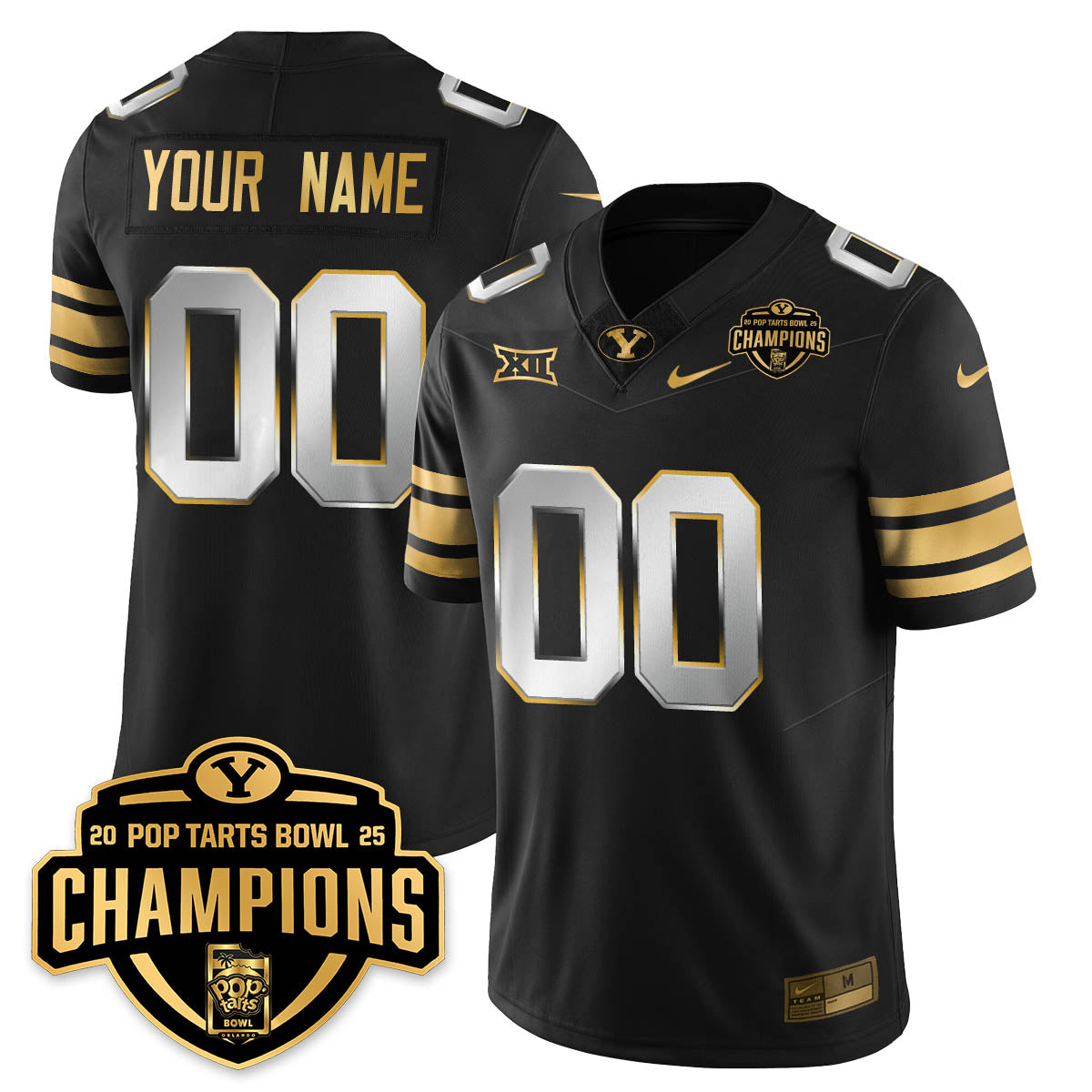 Custom BYU Cougars Football 2025 Pop-Tarts Bowl Champions Gold Jersey - All Stitched