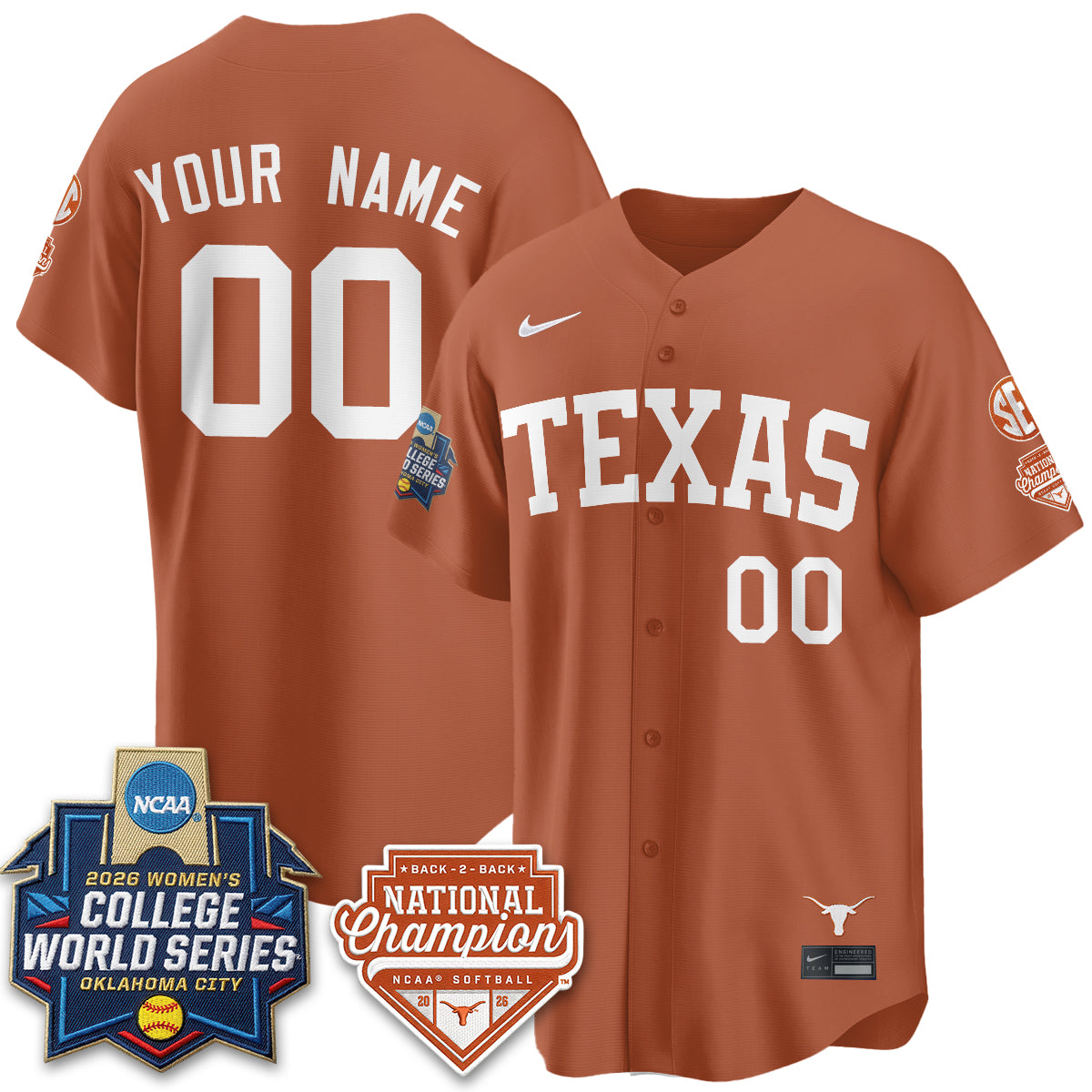 Texas Longhorns Softball 2026 World Series (WCWS) Vapor Premier Limited Custom Jersey - B2B Champs - All Stitched