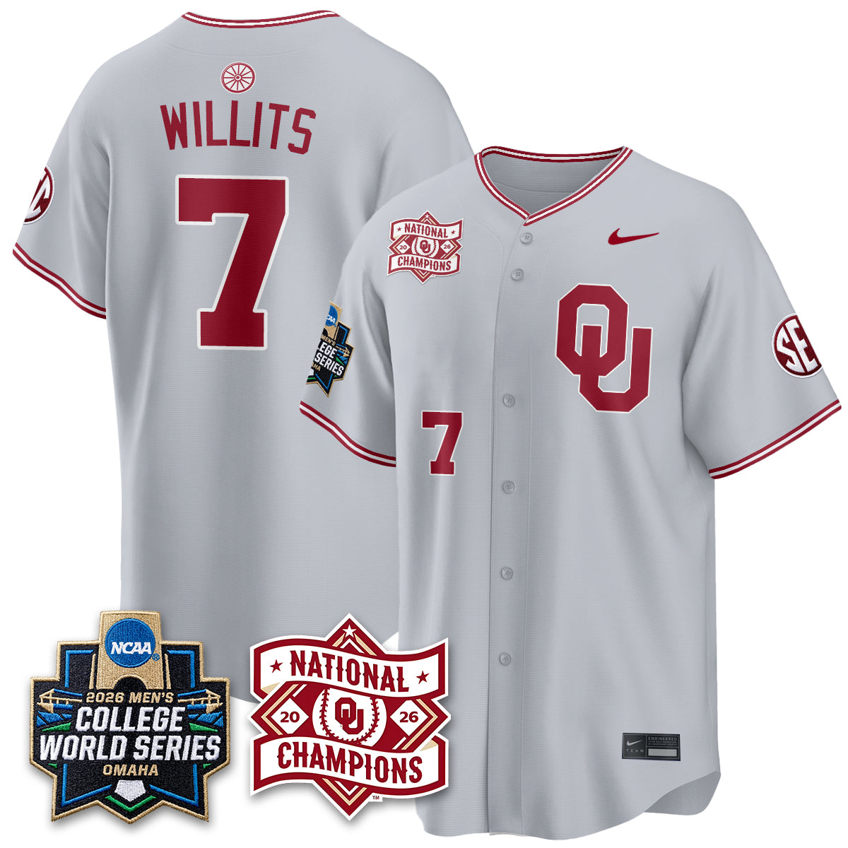 Oklahoma Sooners Nike 2026 NCAA Baseball Men's College World Series Champions Vapor Jersey - Stitched