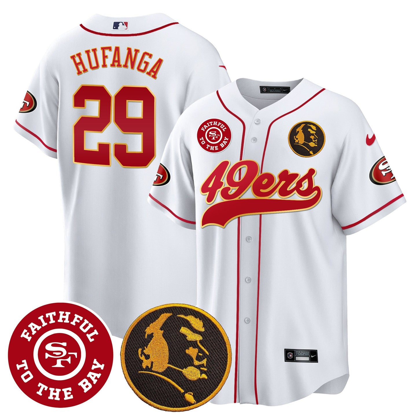 Men's 49ers Faithful & John Madden Patch Baseball Gold Trim Jersey - All Stitched