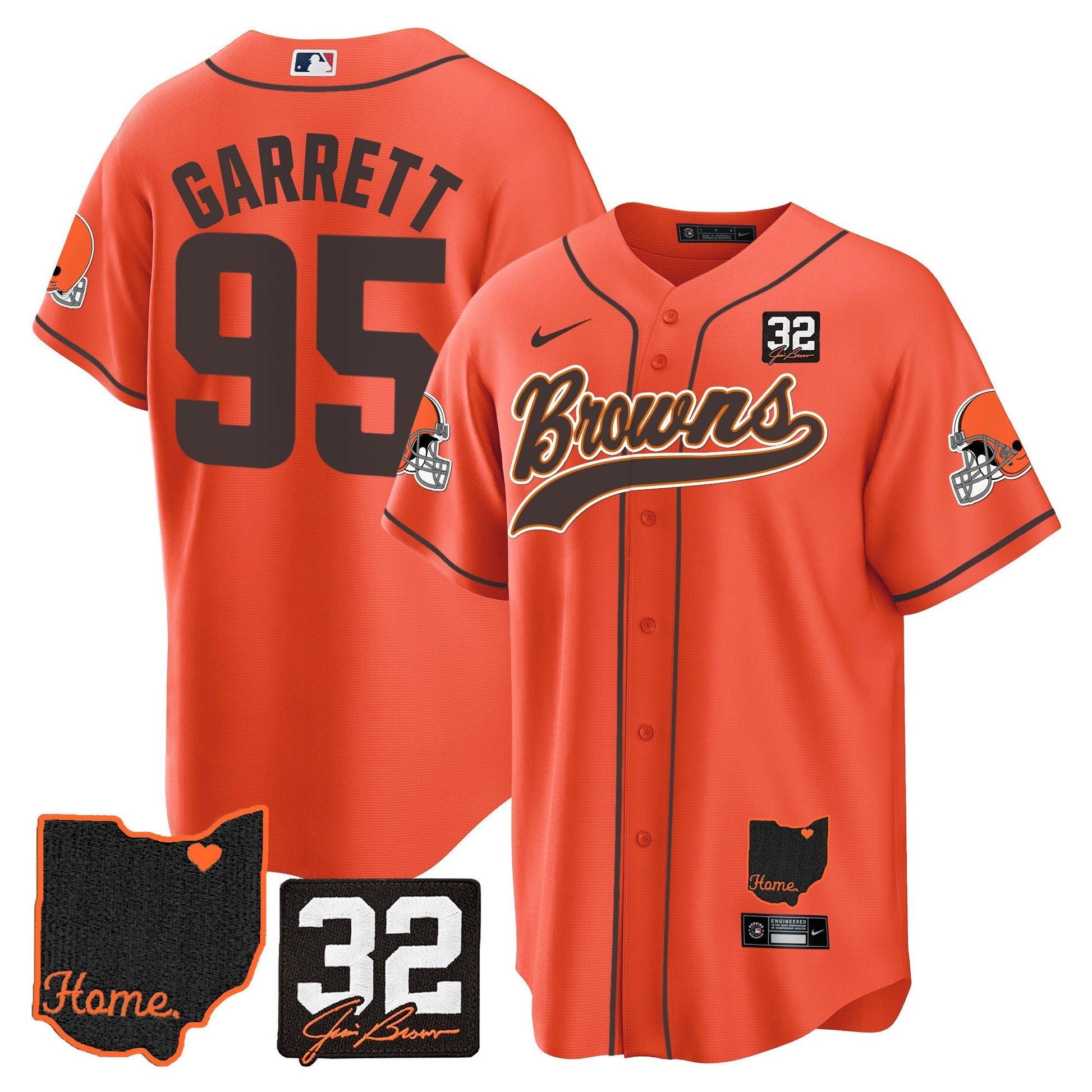 Men's Browns #32 Jim Brown Memorial & Home Patch Baseball Jersey V2 - All Stitched