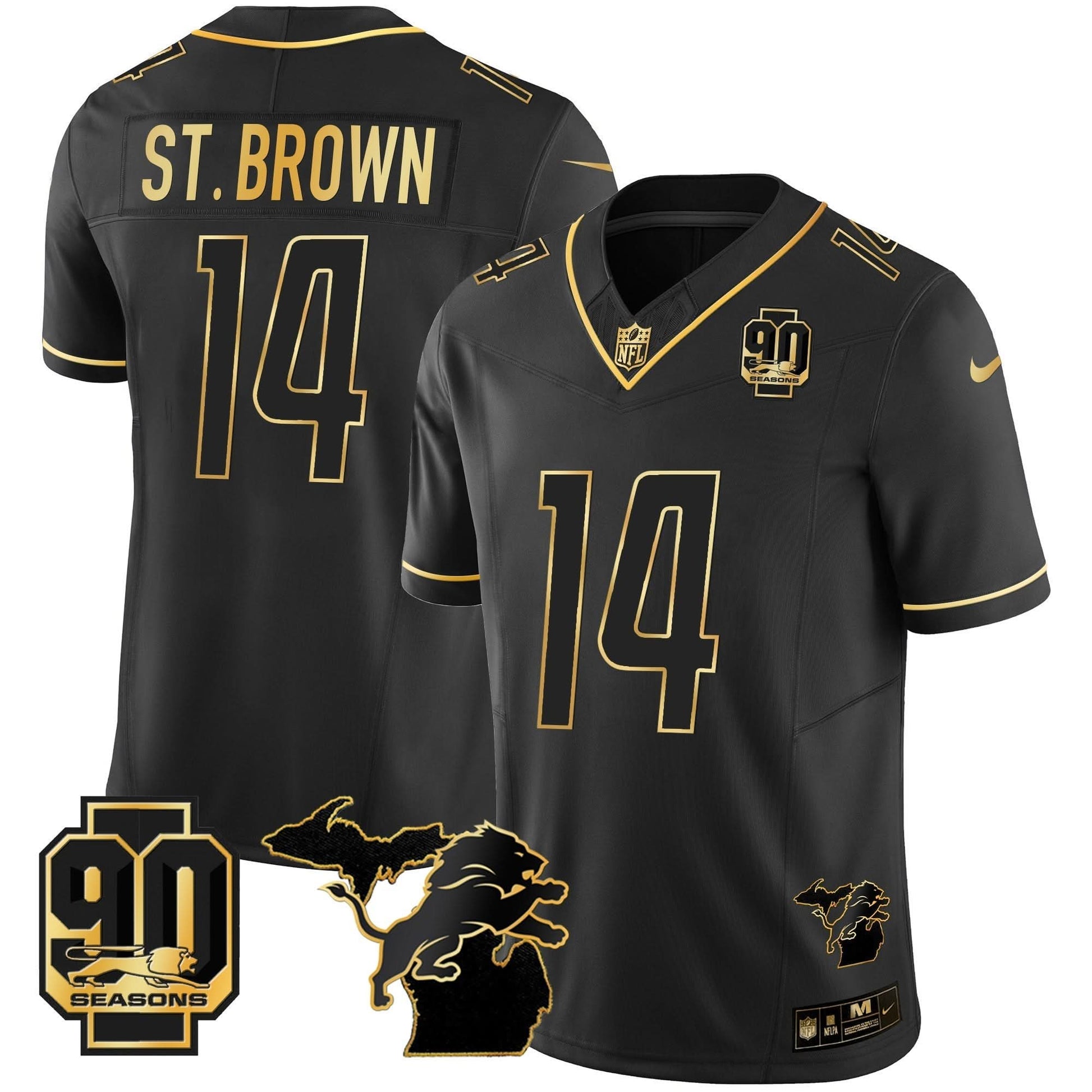 DET 90th Year & Michigan Patch Gold Vapor Jersey - All Stitched