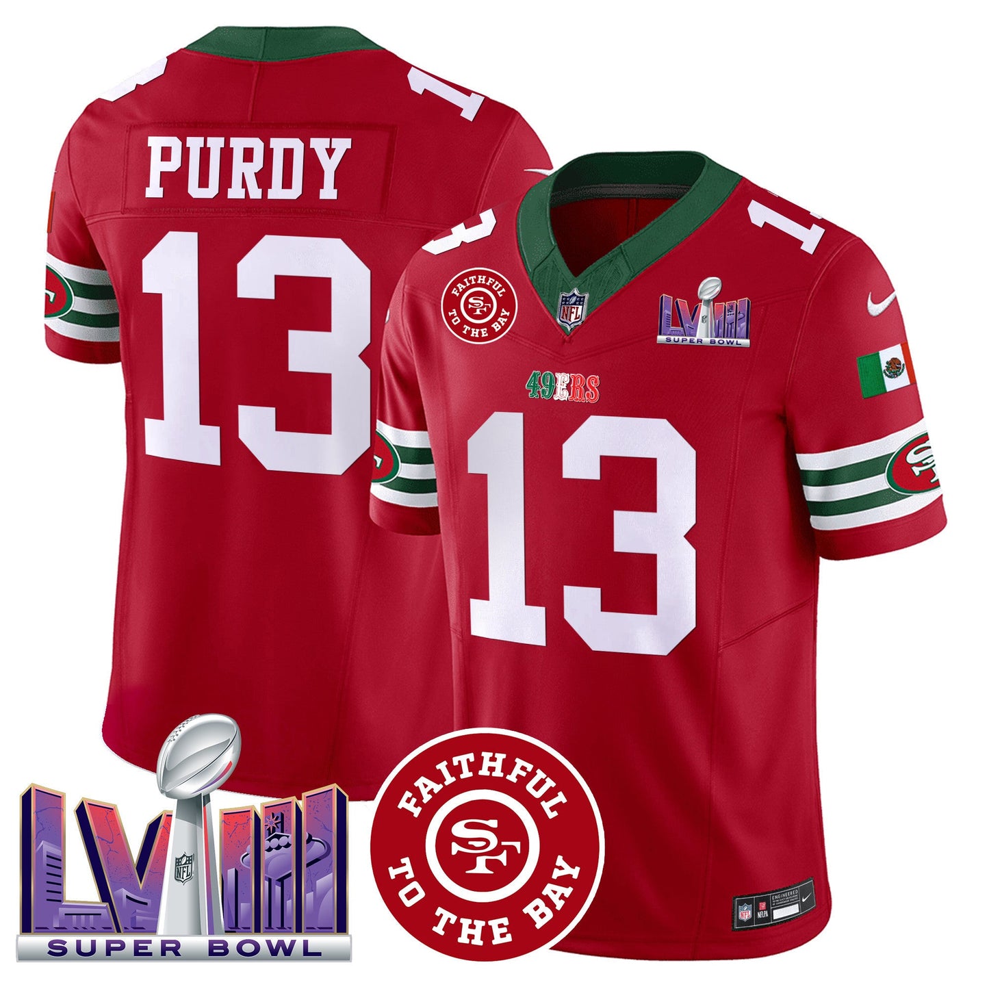 Men's 49ers Mexico Faithful & Super Bowl LVIII Patch Vapor Jersey - All Stitched
