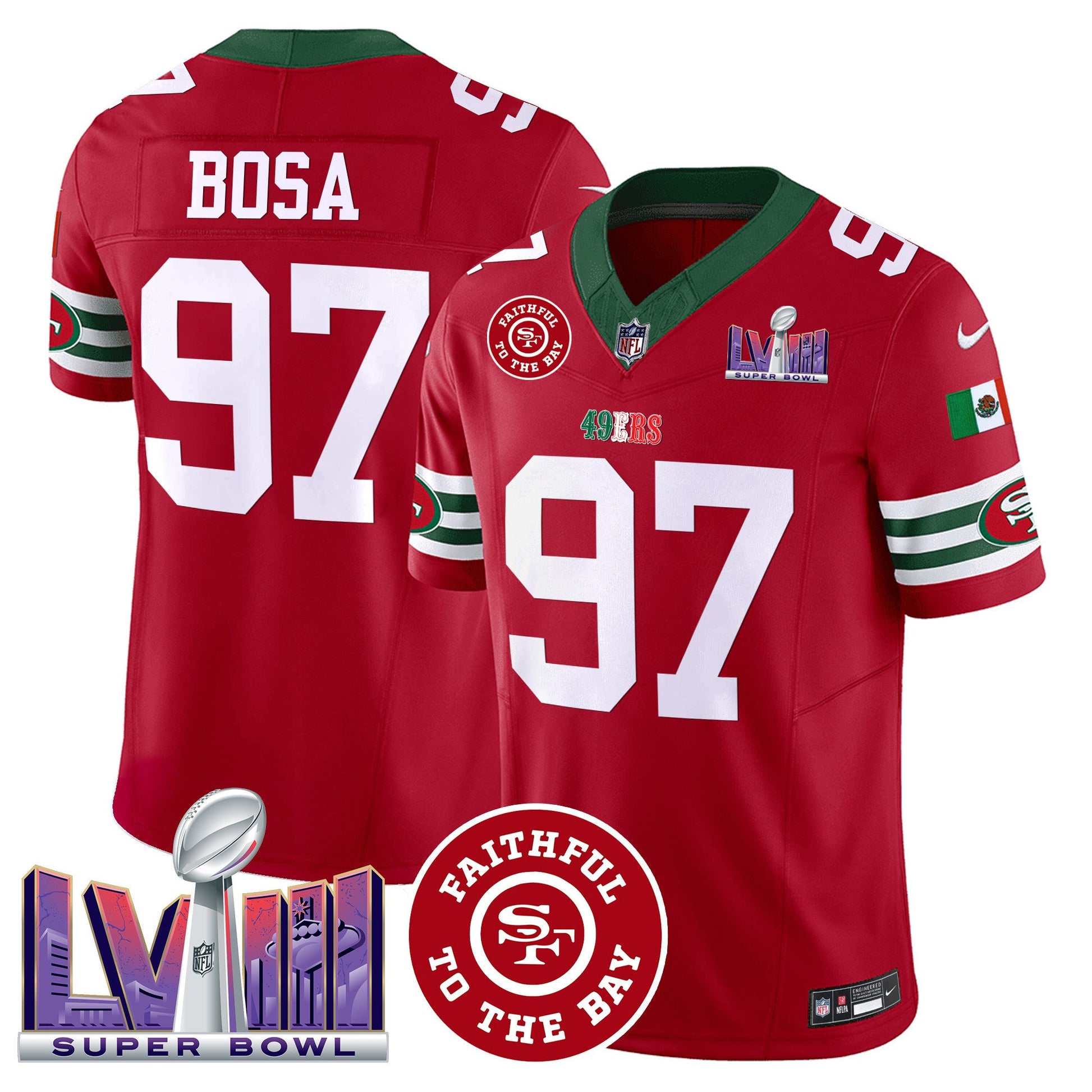 Men's 49ers Mexico Faithful & Super Bowl LVIII Patch Vapor Jersey - All Stitched
