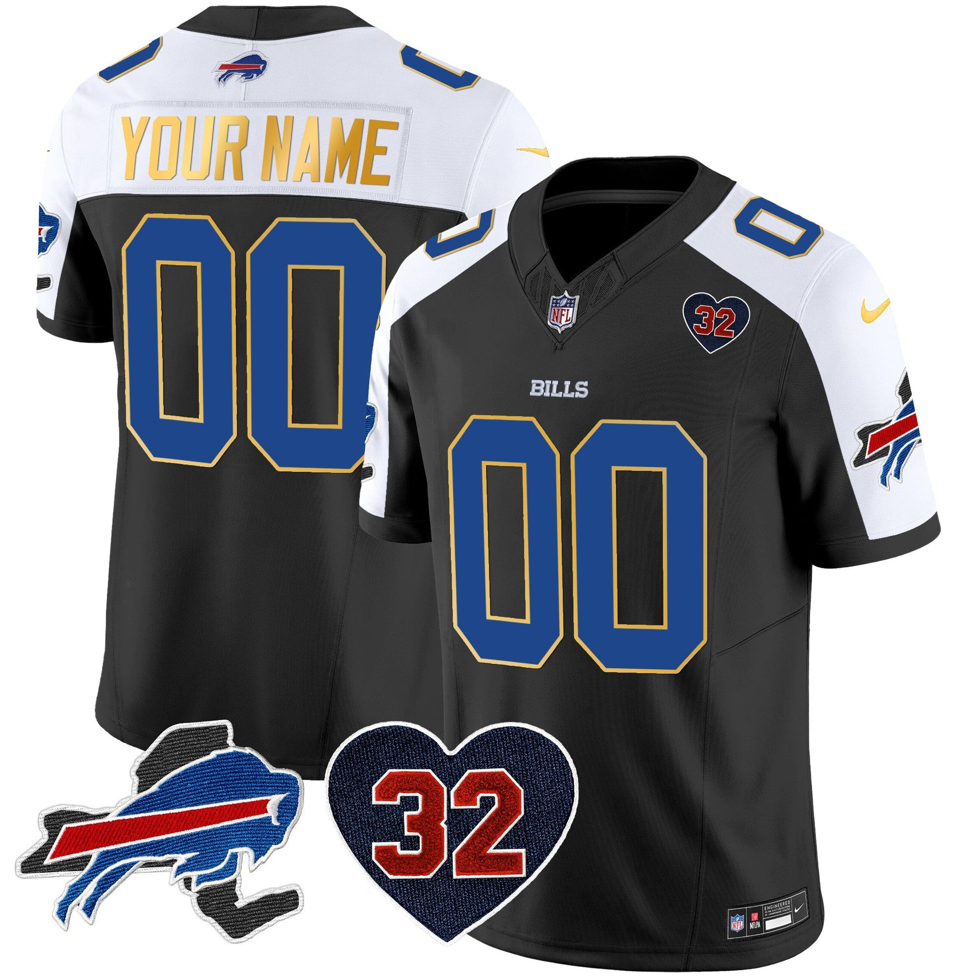 Bills O.J. Simpson Patch Gold Trim Vapor Limited Custom Jersey - All Stitched